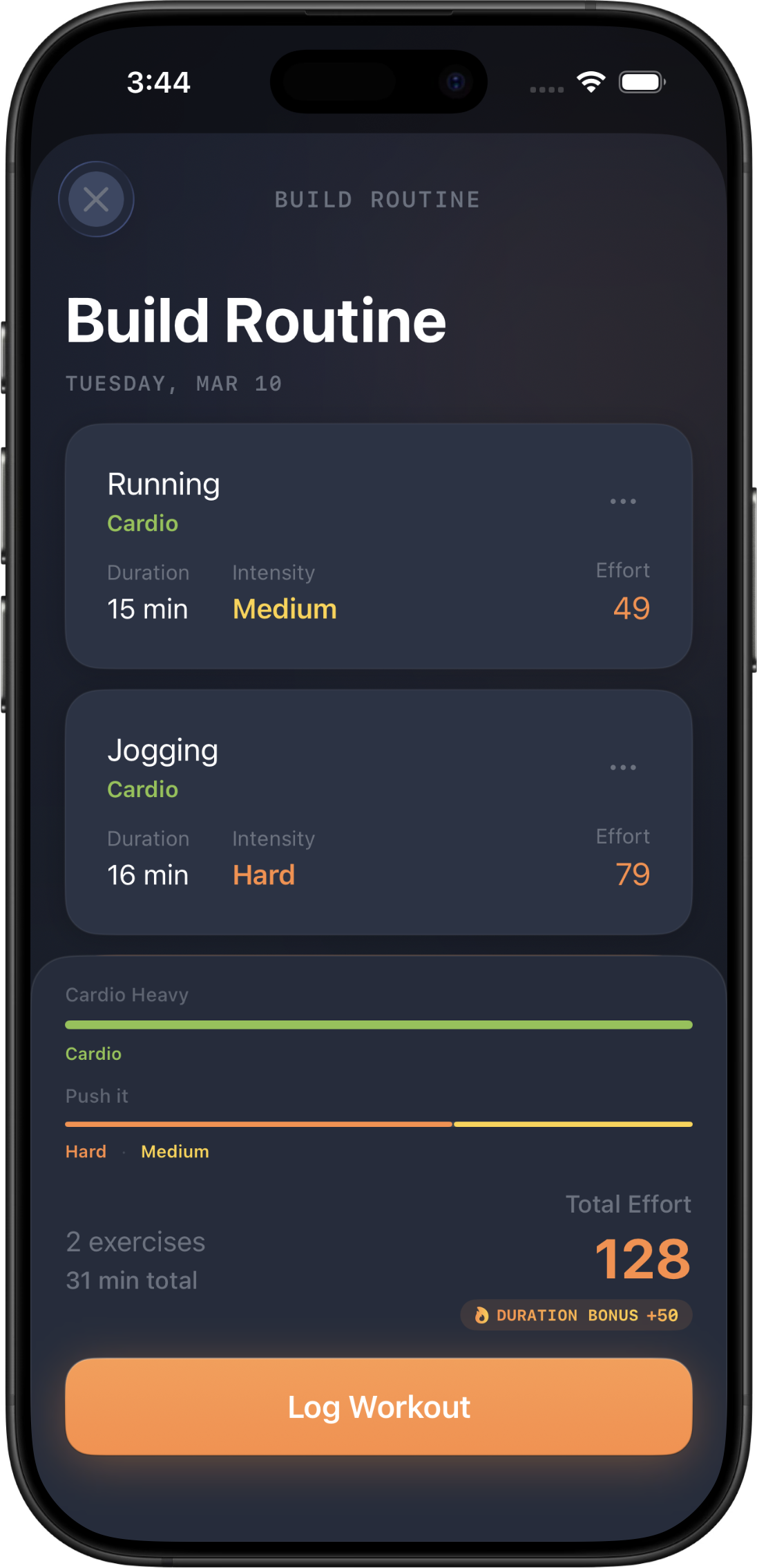 Build Routine screen — Running and Jogging logged with 128 total effort