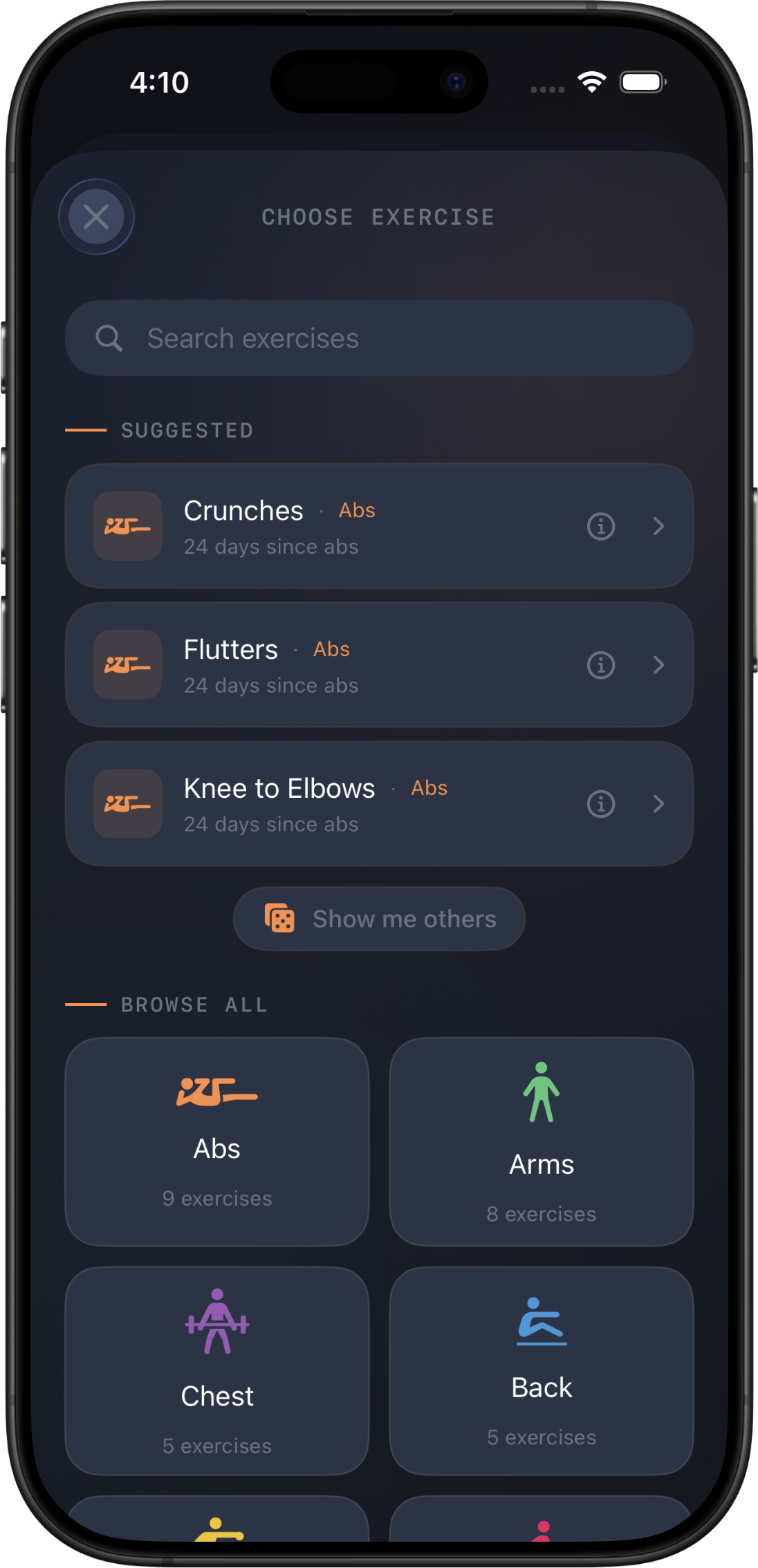 Choose Exercise screen with suggested exercises and category browser