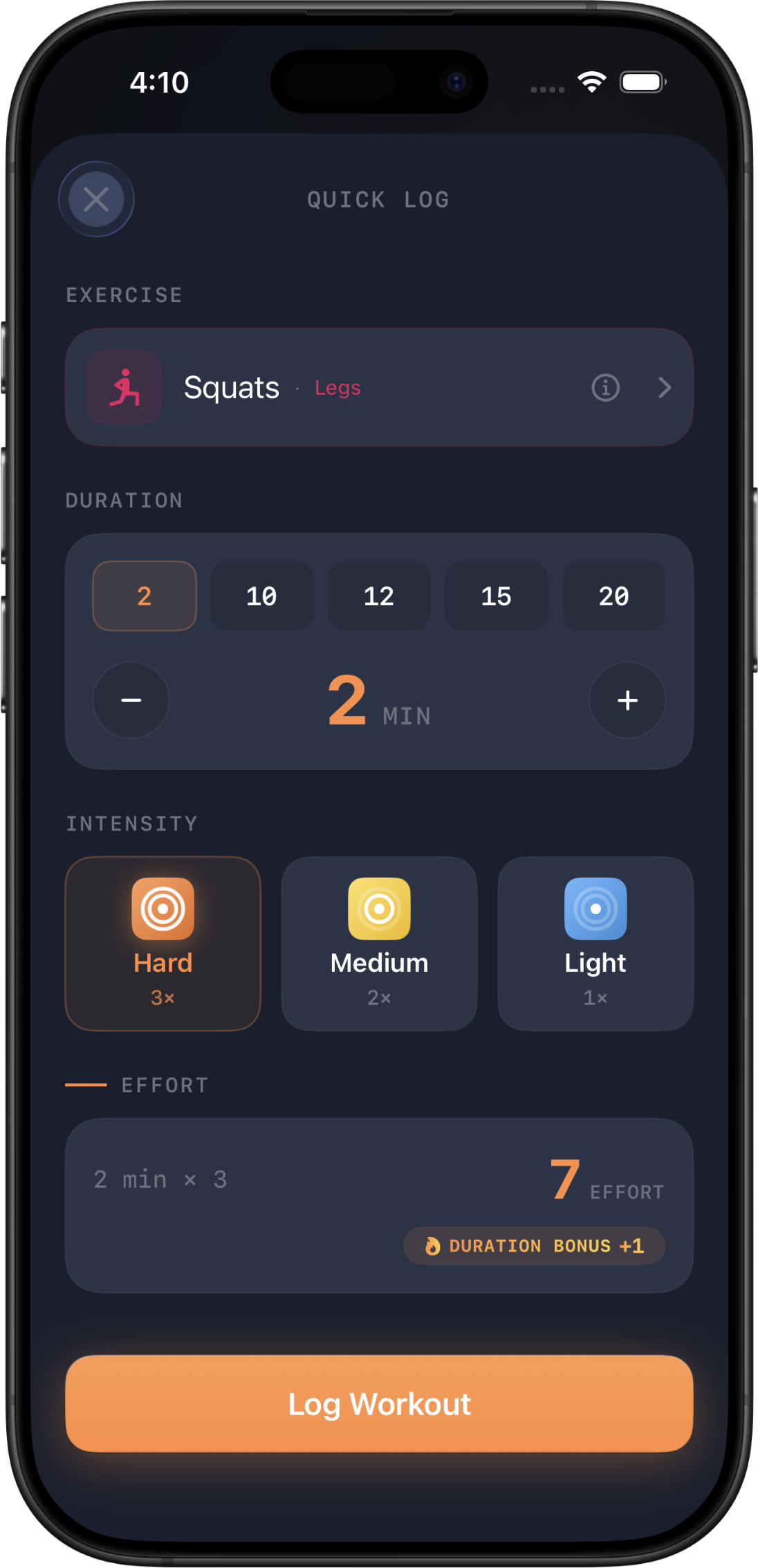 Quick Log screen — Squats, 2 minutes, Hard intensity, 7 effort