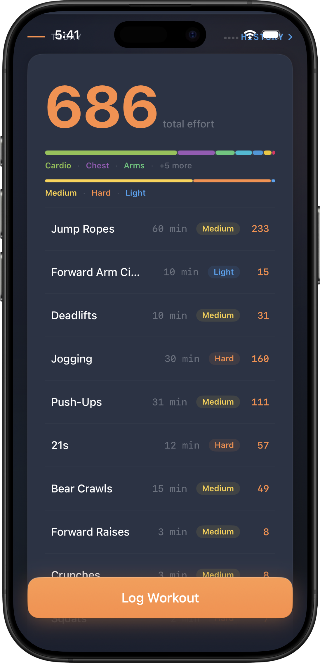 Marcus dashboard showing 686 total effort across exercises like Jump Ropes, Deadlifts, and Push-Ups